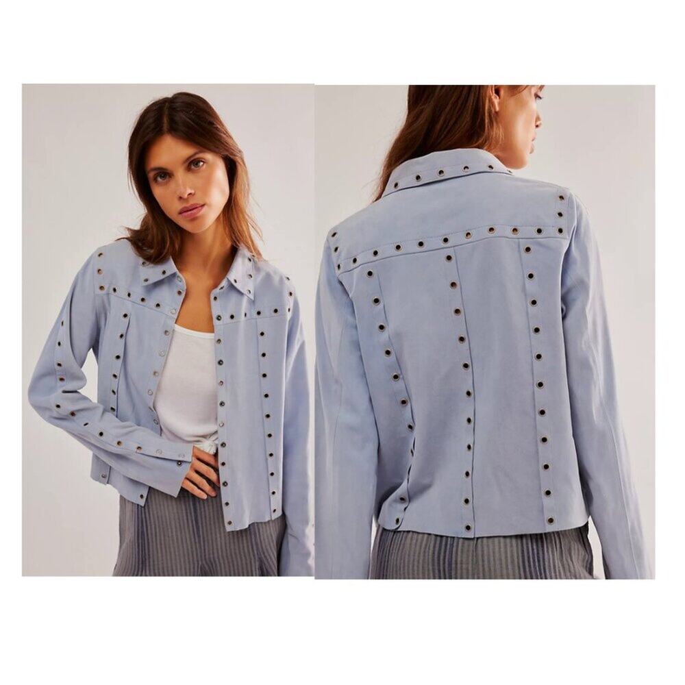 NWT RE/DONE Suede Grommet Shirt Jacket Baby Blue Leather Size XS